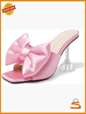 Satin Bow Mule Heels, Square Open Toe Slip On Dressy Heeled Sandals 3.5in